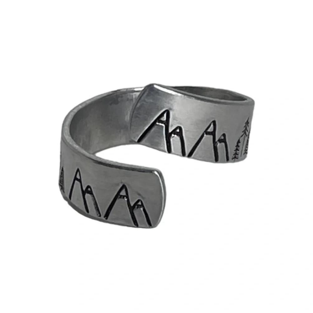 Handmade 8/9 stamped forest & moose silver‎ hypoallergenic adjustable wrap ring